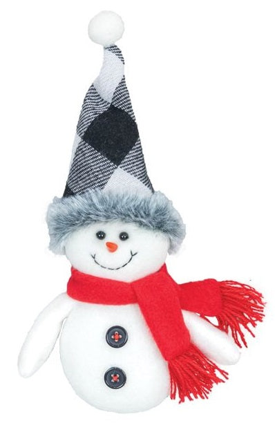 Winter Snowman Ornament with Tall Black Plaid Hat