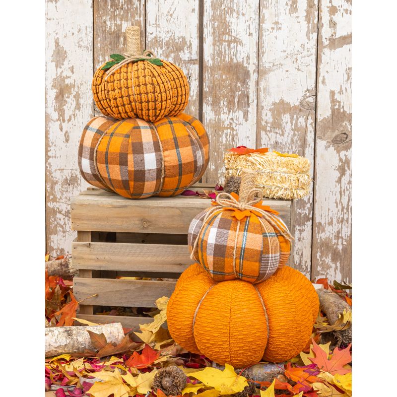 Flannel Stacked Pumpkins Home Decor Figure - Orange Black/Plaid