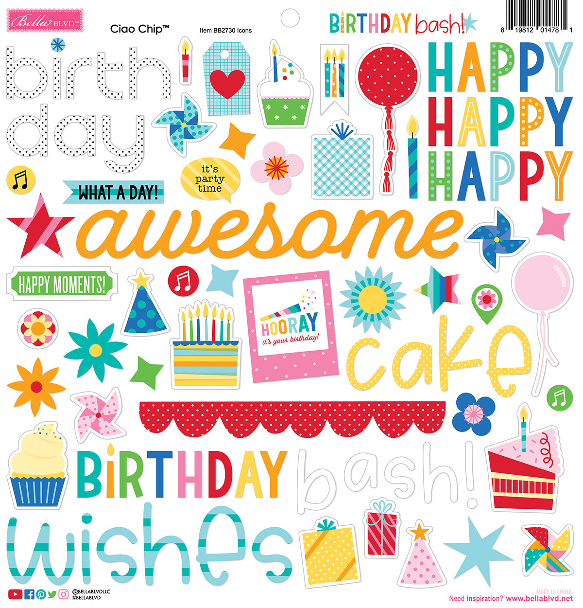 Bella Blvd Birthday Bash Chipboard Stickers