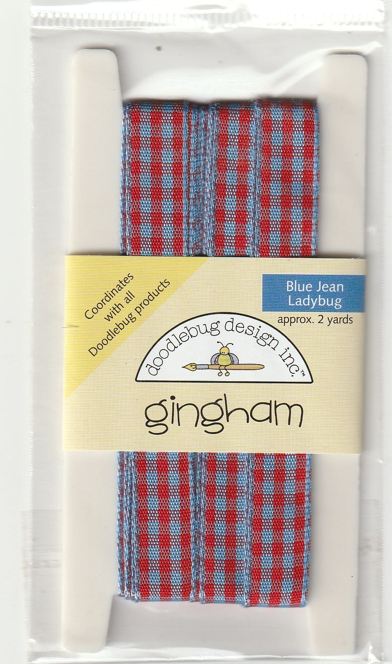 Doodlebug Gingham Ribbon Blue Jean Ladybug