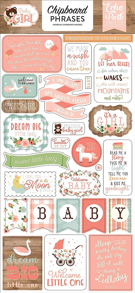 Baby Girl Chipboard Phrases Stickers