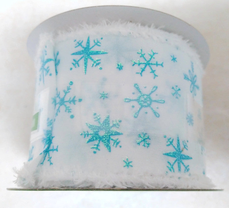 Blue Snowflakes Fuzzy Wired Edges Ribbon