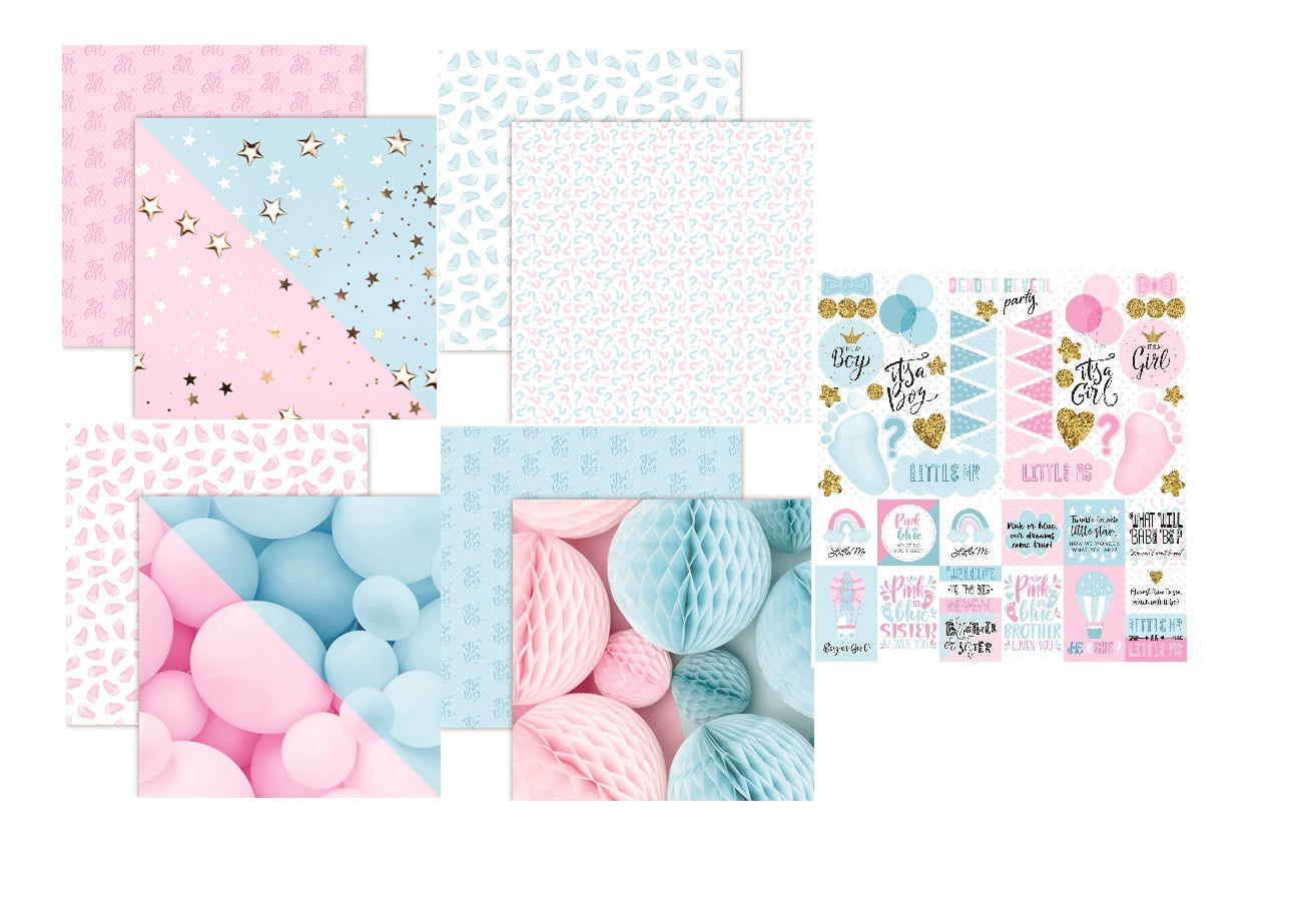 Reminisce Gender Reveal Scrapbook Papers and Stickers Set