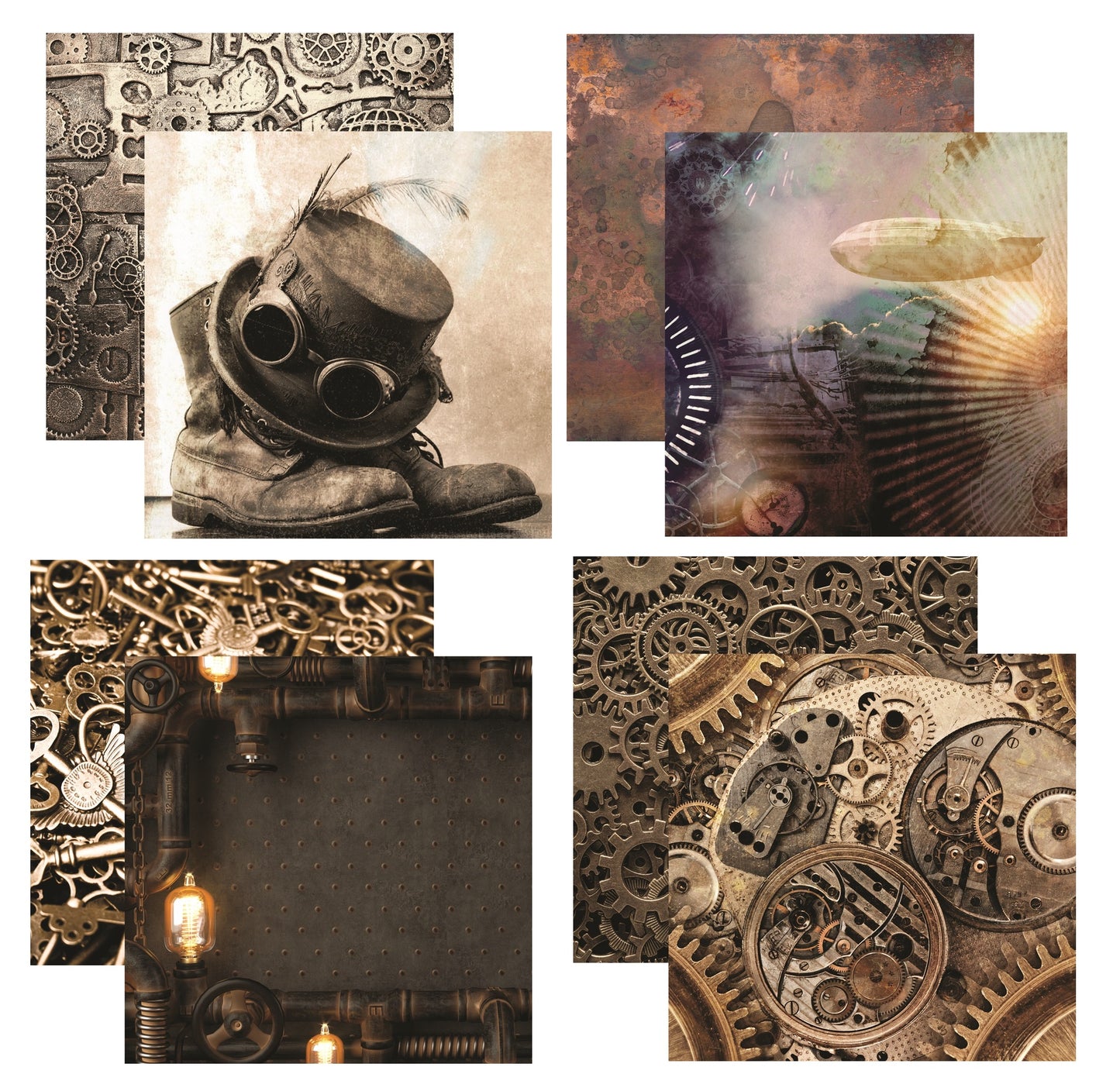 Splendid Steampunk - 12X12 Scrapbook Paper Assortment Set - 4 Sheets