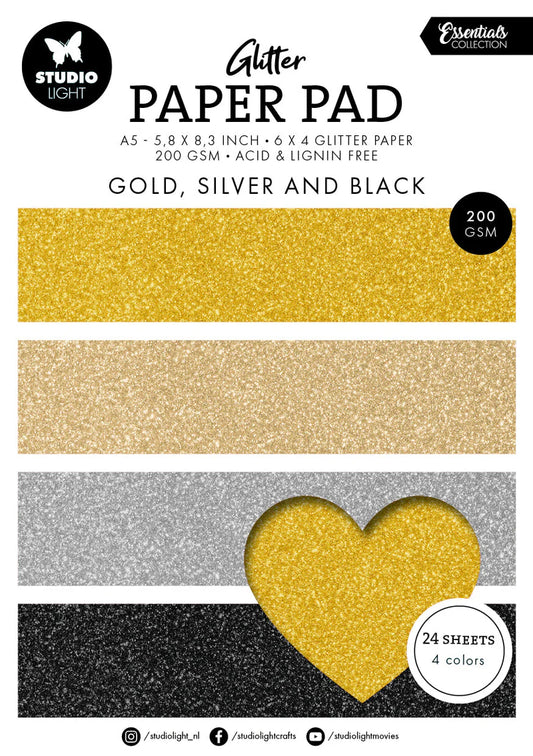 Glitter Paper Pad - Gold Silver and Black - 24 Sheets A5 Size