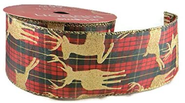 Red Plaid Gold Deer Ribbon