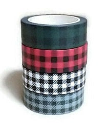 Buffalo Check Plaid Washi Tape Set - 4 Spools Black, Red, Gray, Green