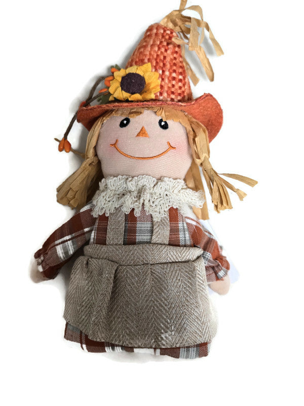 Orange Girl Fall Scarecrow Decor Plaid - 9 Inch Shelf Sitter